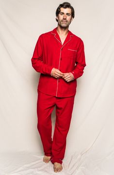 A bright, cheerful red and white piping enliven a pair of pajamas made of lightly brushed cotton flannel that takes you from sweet slumber to lazy afternoons. 100% cotton Machine wash, dry flat Imported Red Relaxed Fit Sleepwear For Bedtime, Red Cotton Sleepwear For Home, Red Relaxed Fit Sleepwear For Home, Red Long Sleeve Relaxed Fit Sleepwear, Mens Flannel Pajamas, Red Pajamas, Luxury Sleepwear, Classic Pajamas, French Stripes