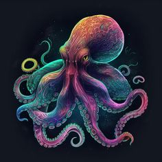 an octopus with colorful tentacles on a black background