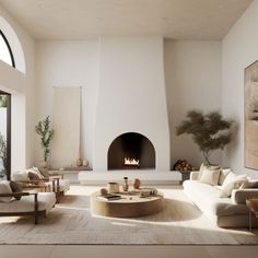 a living room filled with furniture and a fire place in the middle of a room