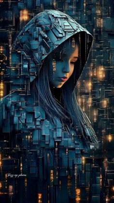 a digital painting of a woman in a hoodie surrounded by buildings and street lights