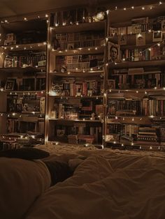 a bedroom with bookshelves and lights on the wall