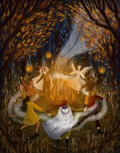 a painting of people dancing around a campfire in the woods with fire and water