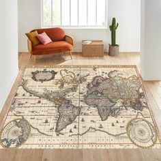 an old world map rug in a living room