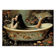 a painting of a woman laying in a bathtub surrounded by mushrooms and other plants