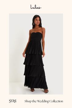 a woman in a black dress with the words shop the wedding collection