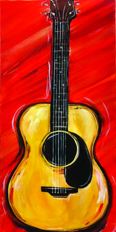 a painting of an acoustic guitar on a red and yellow background, with black strings