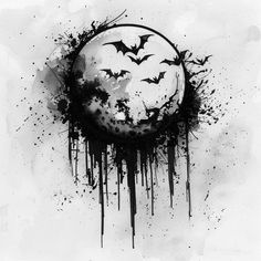 a black and white painting with bats flying around the moon on it's side