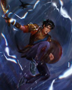 a digital painting of a man flying through the air with lightning in the sky behind him