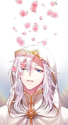 an anime character with long white hair and pink flowers on her head, wearing a veil