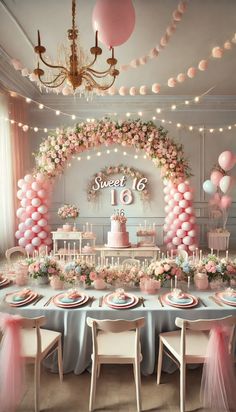 a table set up with pink and white balloons, plates and cake for a sweet 16 birthday party