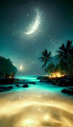 the night sky is filled with stars and moon lights, as well as palm trees