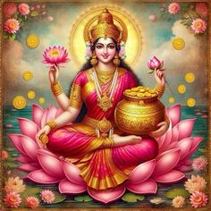 the hindu goddess sitting on top of a lotus flower with her pot in front of her