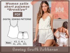 the sewing pattern for this women's short pajamas is shown