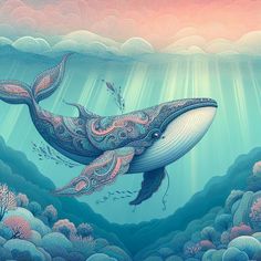 a painting of a humpback whale swimming in the ocean with corals and seaweed