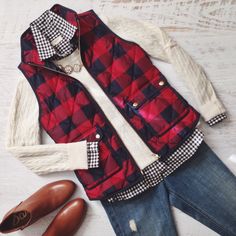 Red Sweater Vest Outfit, Red Flannel Outfit, Holiday Outfits Christmas, Christmas Clothes, Jeans Shoes, Plaid Vest, Christmas Outfits, Red And Black Plaid