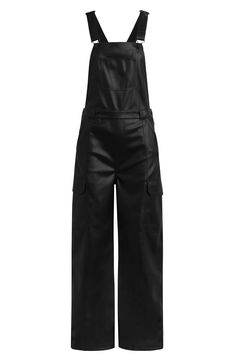 Rock out in sleek faux leather with these pocket-packed overalls that take notes from their utilitarian roots. 31" inseam Square neck Adjustable buckle straps; side button closures Chest patch pocket; front slant pockets; cargo flap-patch pockets; back patch pockets 100% polyester with 100% polyurethane coating Machine wash, tumble dry Imported Utility Overalls, Leather Overalls, Wide Leg Overalls, Take Notes, Womens Wellness, Hudson Jeans, Women's Fitness, Black Fits, Designer Outfits Woman