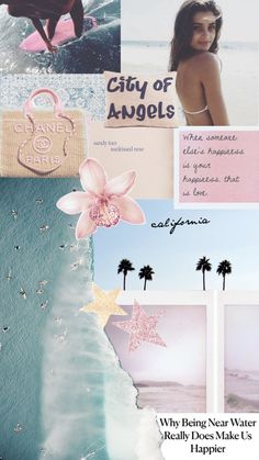 a collage with pictures and words about the beach, palm trees, and other things