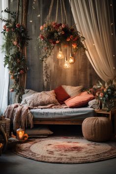 a bed with lots of flowers and lights hanging from the ceiling