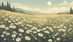 a field full of white daisies with mountains in the background