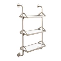 a three tiered shelf with glass shelves on each side and two wheels attached to it