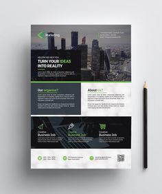 a green and black flyer design for a real estate agent's business card or brochure