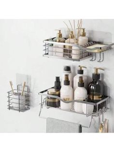 two metal shelves holding soap, lotion and other bathroom items