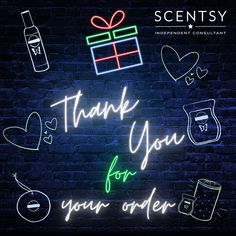 a neon sign with the words thank you for your order on it and various items