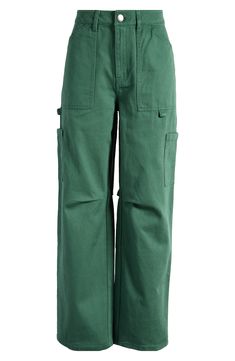 Fall for the silhouette of these casual-cool carpenter pants designed with wide legs. 29" inseam; 19" leg opening; 11 1/2" front rise; 14 1/2" back rise (size 29) 100% cotton Machine wash, line dry Imported Utility Wide-leg Work Pants With Patch Pockets, Spring Utility Wide-leg Cargo Jeans, Utility Wide-leg Cargo Jeans For Spring, Utility Wide Leg Work Pants With Relaxed Fit, Utility Wide Leg Pants With Hip Pockets For Spring, Green Cotton Utility Wide Leg Pants, Spring Utility Full Length Work Pants, Spring Utility Work Pants Full Length, Green Wide Leg Work Pants With Patch Pockets