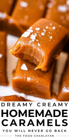 homemade caramels are stacked on top of each other