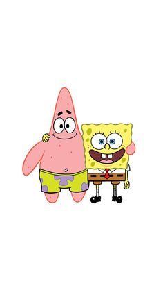 the spongebob character is standing next to another cartoon character with his arms around him