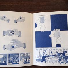 an open book with pictures of hands and gestures on it's page, in blue and white