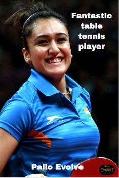 a woman holding a tennis racquet on top of a tennis court with the words fantastic table tennis player