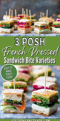 sandwiches with toothpicks on them and the words 3 posh french pressed sandwich bite varieties