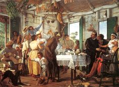 a painting of people gathered around a table