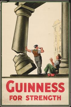 an old poster advertising guinness for strength, with two men looking at the giant bell