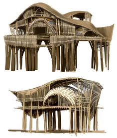 two different views of an architectural structure made out of wood and bamboo rafters, each with