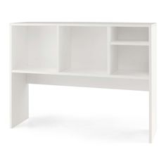 a white desk with two open shelves on the front and one closed shelf on the back