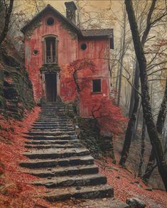 an old house in the woods with stairs leading up to it and fall foliage on the ground