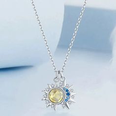 Sun Moon Necklace Blue CZ Yellow Crystal Necklace-MoonChildWorld Sun Moon Necklace, Sun And Moon Necklace, Velvet Cloth, Jewelry Safe, Cloth Bag, Moon Jewelry, Necklace Blue, New Jewelry, Sun And Moon