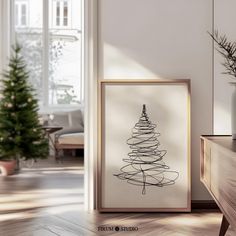 a black and white drawing of a christmas tree on a wall in a living room