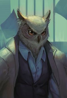 an owl dressed in a suit and tie with his eyes wide open, sitting on a chair