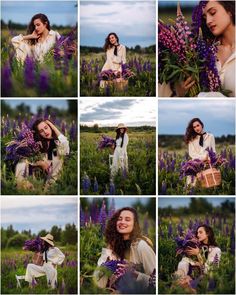 a woman in a field with purple flowers