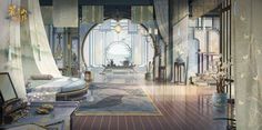 an artistic rendering of a fancy bedroom with large windows and lots of furniture in it