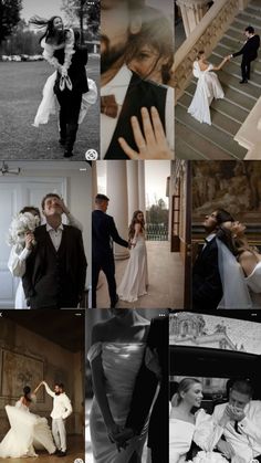 black and white wedding photo collage with bride and groom in formal dress, tuxedo