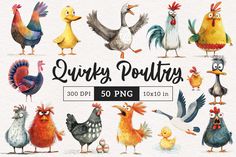 watercolor farm animals and birds clipart set for commercial use in adobe, png format