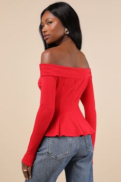 From casual occasions to going-out looks, we love the Lulus Flattering Pick Red Off-the-Shoulder Long Sleeve Top! Stretchy jersey knit fabric shapes this perfect top that has long fitted sleeves and an off-the-shoulder neckline with a wide band of foldover trim. Fitted bodice has a seamed design and a cute flaring hem. Fit: This garment fits true to size. Length: Size medium measures 15.75" from top to bottom. Bust: Great for any cup size. Waist: Fitted - stretchy fabric allows custom fit. Under Going Out Looks, Fitted Sleeves, Jersey Knit Fabric, Cup Size, Wide Bands, Fitted Bodice, Stretchy Fabric, Custom Fit, Long Sleeve Top