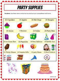 a birthday party supplies list with pictures on it