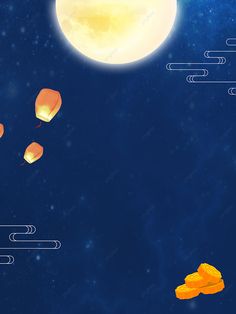 an image of some paper lanterns flying in the sky at night time with moon and stars