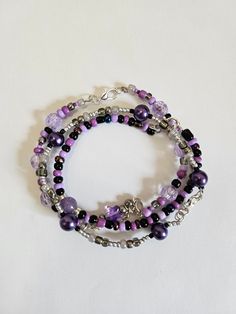 Hand Beaded Bracelet Set of 3 /  Grunge Aesthetic / Purple Beaded Bracelet Black And Purple Friendship Bracelet, Handmade Purple Multi-strand Bracelets, Handmade Purple Multi-strand Bracelet, Grunge Beaded Bracelets, Adjustable Purple Bracelet With Black Beads, Adjustable Purple Bracelets With Black Beads, Purple Bracelets Beads, Purple Bracelet Ideas, Grunge Bracelets