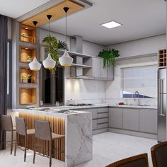 a modern kitchen with marble counter tops and wooden cabinets, along with hanging lights above the island